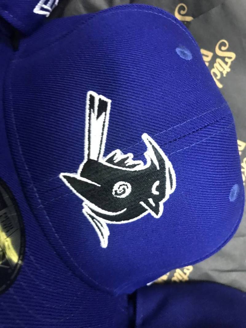 Blaue Kappe mit gesticktem Fisch-Logo, Individuelle Kappenstickerei