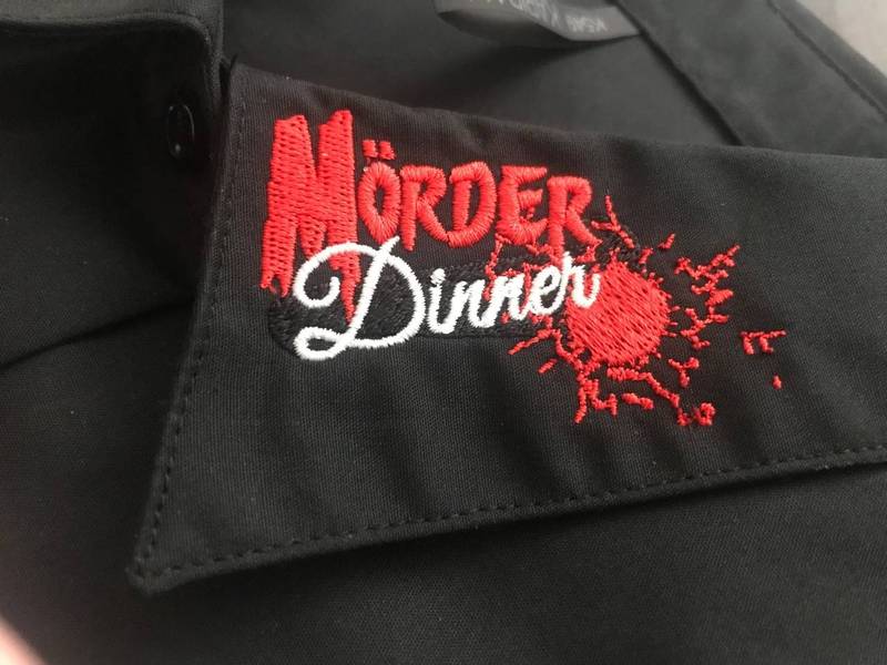 Kragenstickerei Nahaufnahme, Mörder Dinner Detail Stickerei Wien